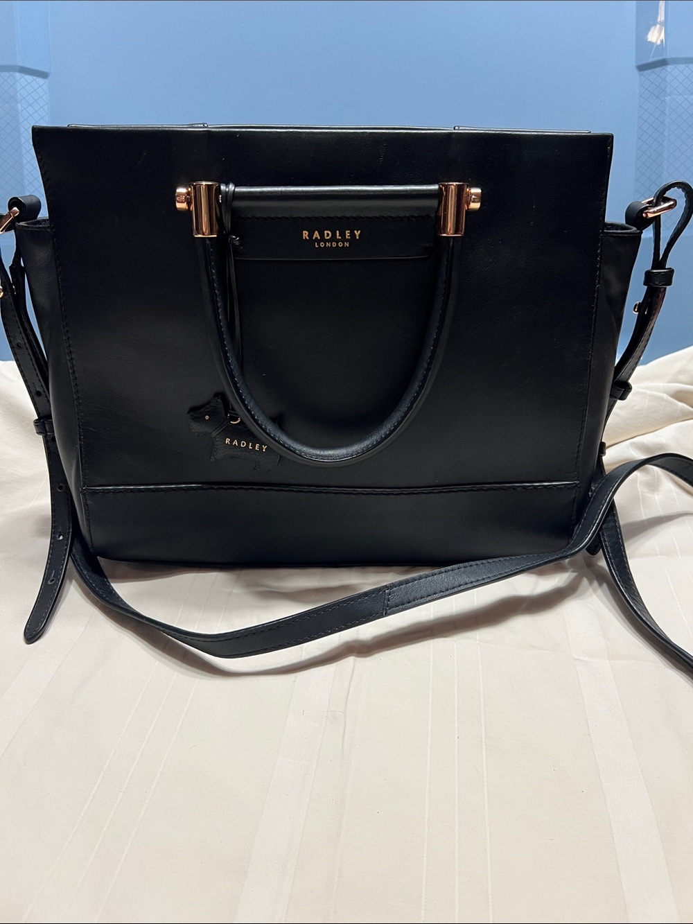 RADLEY LONDON Black Leather Structured Satchel with Gold Hardware